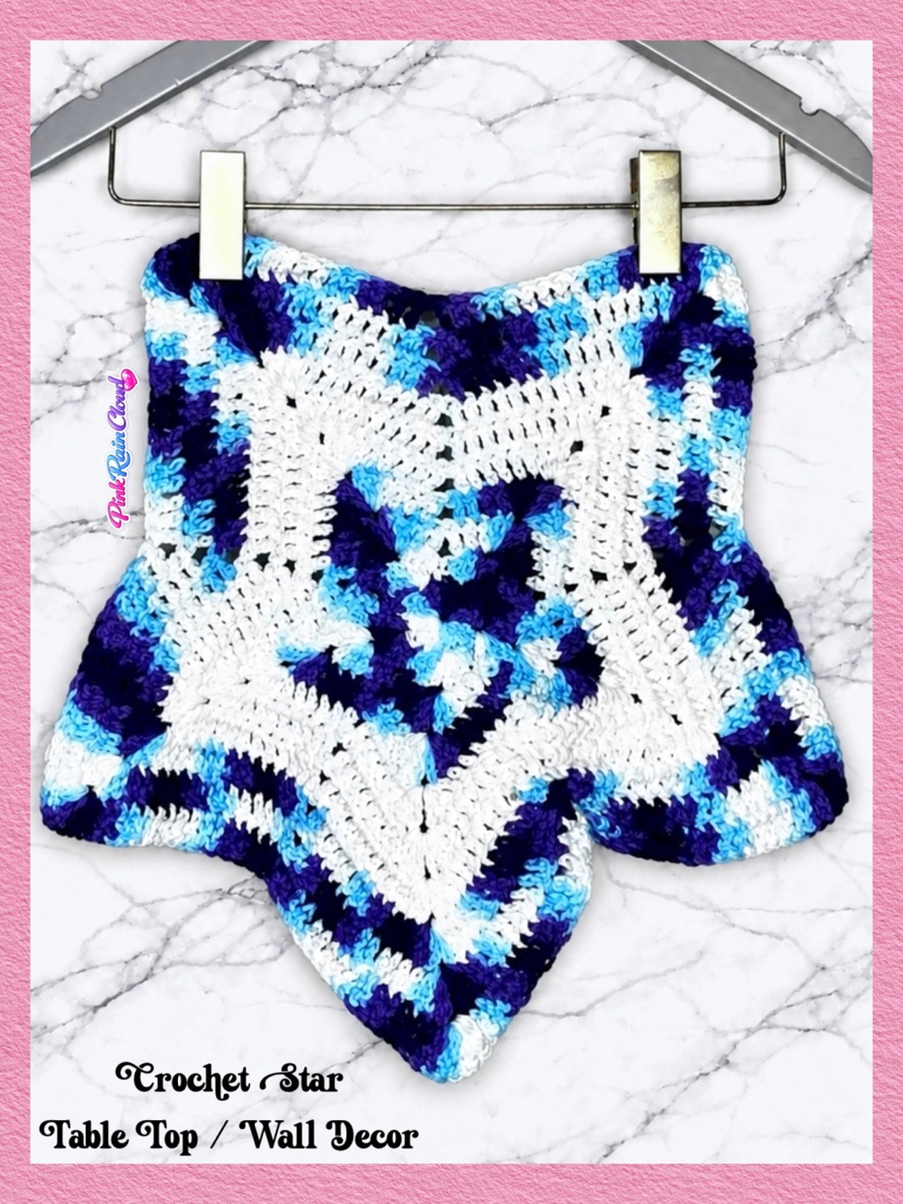 PinkRainCloud Handmade Crochet Star Wall Decor Blue White Accent Centerpiece
